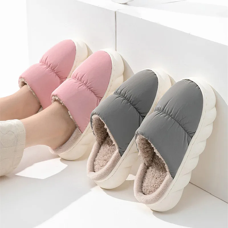 Women Men Slippers Autumn Winter Warm Plush Slides Waterproof Couple Indoor Thick Sole Non-slip Platform Causal Home Furry Shoes