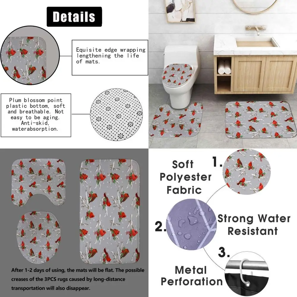 

Grey Waterproof Shower Curtain with 4PC Cardinal Set, Non-Slip Bath Mat, and Red Bird Poinsettia Winter Decor