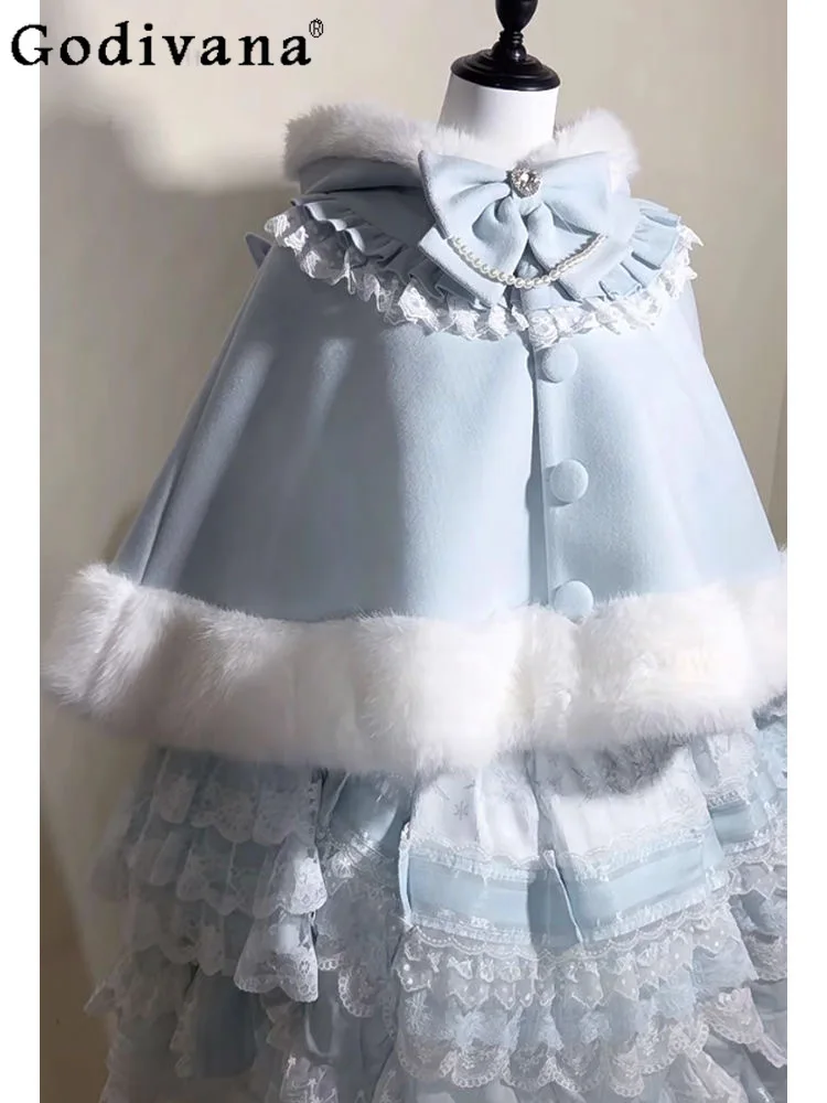 

2025 New Japanese Original Elegant Young Lady Sweet Girl Lolita Coat Cute Doll Feel Bow Lace Warm Fleece Cape Cloak