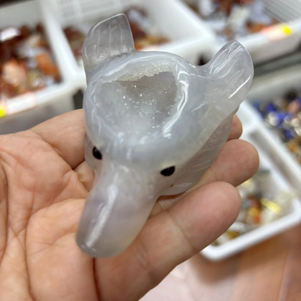 Natural Agate Geode Carved Wolf Head Figurine With Druzy Crystal Gemstone Animal Skull Statue Home Decor Wholesale