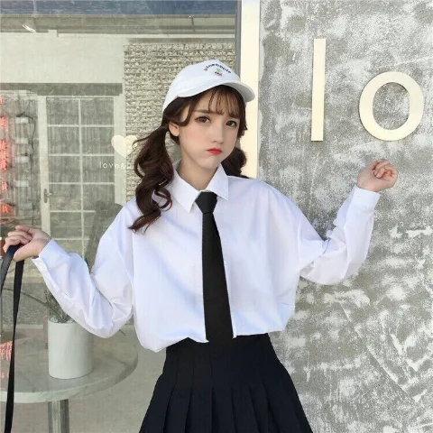 

Loose Women's Long Sleeve White Shirt Autumn Winter Korean Style College Casual Shirt Student Tie NeckBF Top Women's Clothing