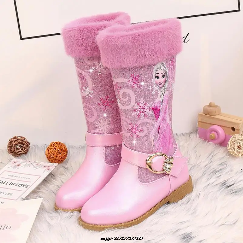 Disney Elsa Princess Long Boots Girls High-heeled Autumn And Winter Warm Boots Children Sequins Snow Shoes Frozen Boots Gift