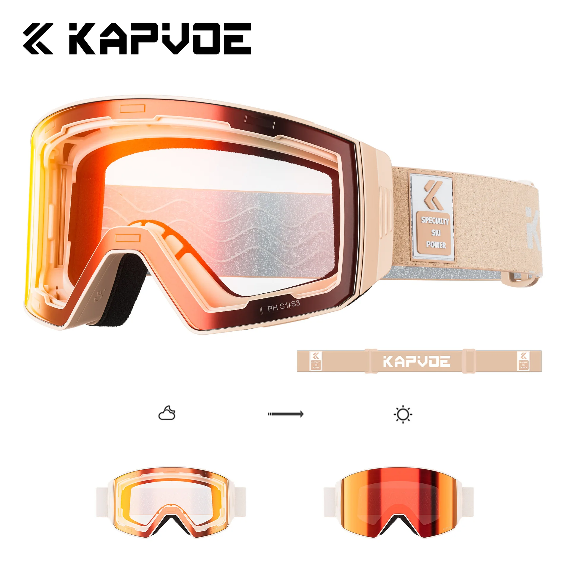 KAPVOE Magnetic Color-Changing Ski Goggles Anti-Fog Outdoor Mountaineering Sports Snow Glasses