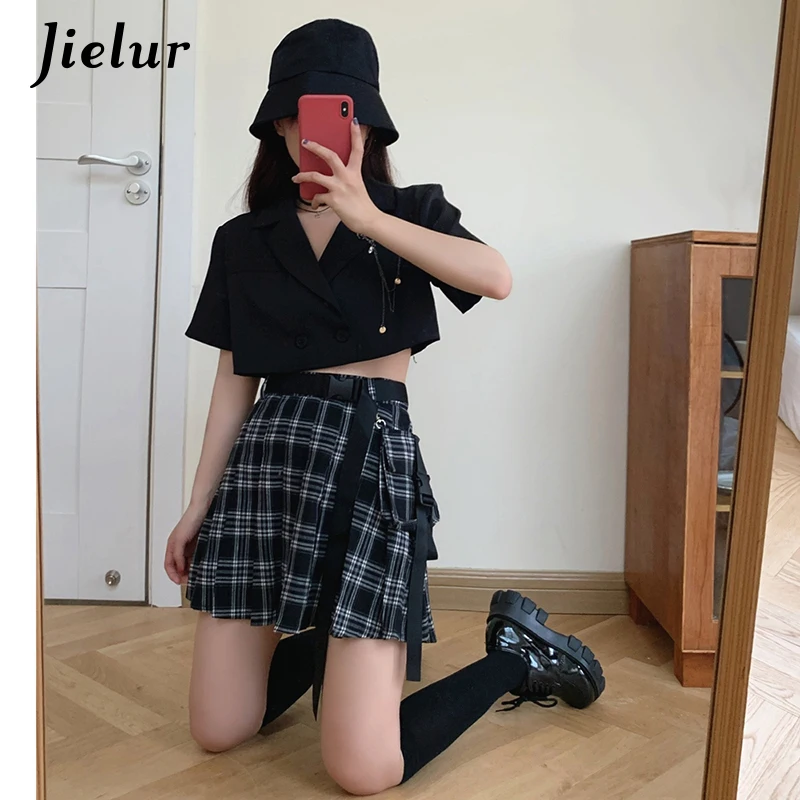 Black Casual 2 Pieces Set Women Plaid Skirt Sexy Sashes+Short Sleeve Notched Short Coat Crop Top Brooch Fashion Girls Set