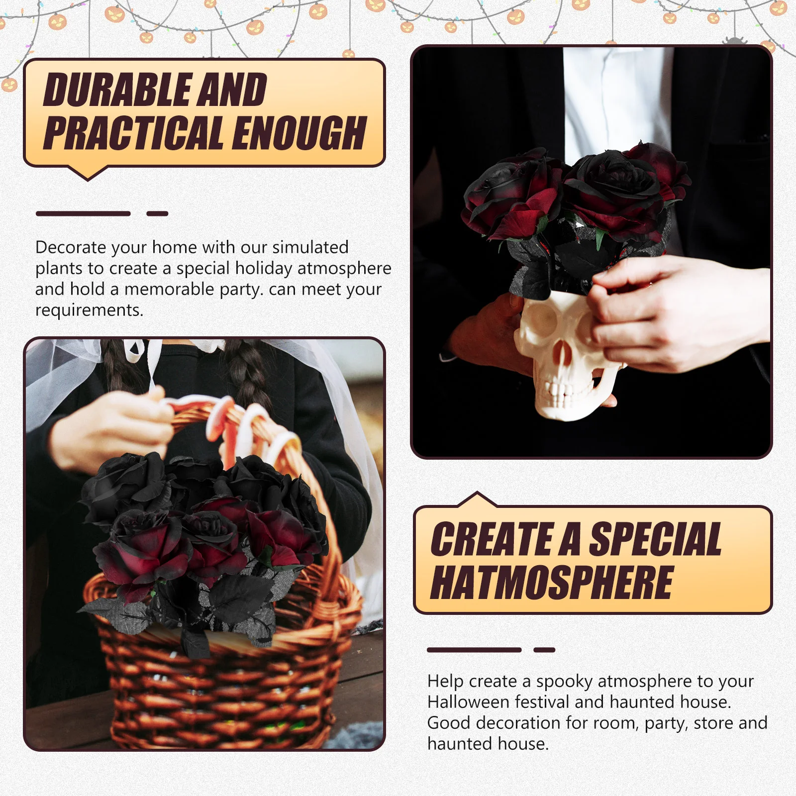 

12Pcs Black Rose Halloween Flowers Artificial Decorative Faux Roses for Party Store Haunted House Decor Halloween Rose Flowers