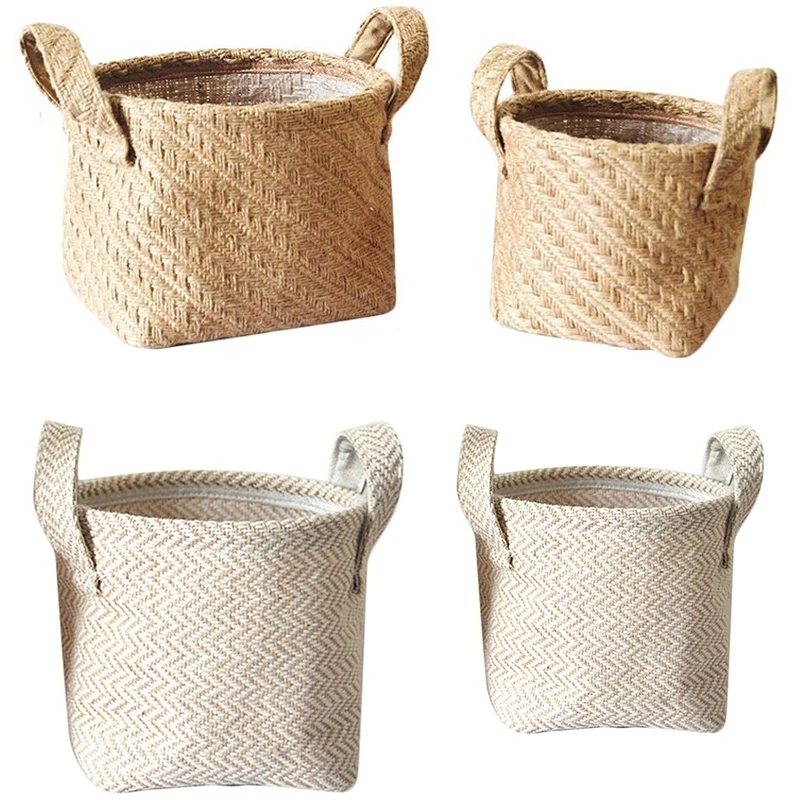 Woven Storage Basket Hemp Rope Flower Pot Dirty Clothes Laundry Hamper With Handles Office Desktop Sundries Organizer Box