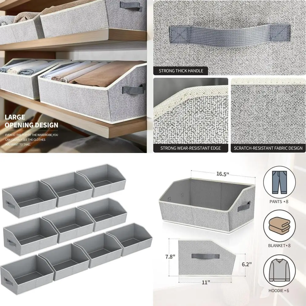 

10-Pack Light Gray Trapezoid Shelf Baskets for Organized Storage - Handles for Easy Access, Ideal for Clothes, Books, Home & Off