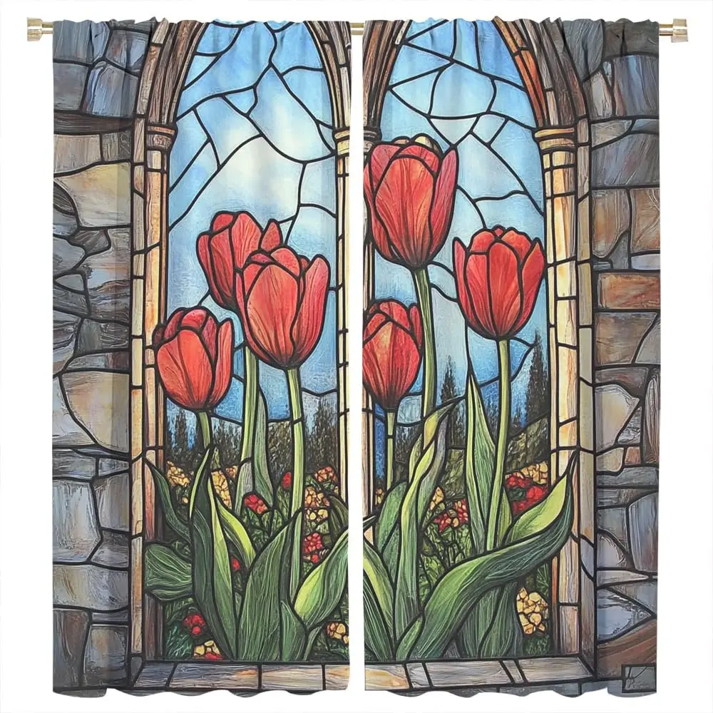 Country Spring Tulips Room Darkening Rod Pocket Curtain Vintage Floral Bouquet Window Treatment Thermal Insulated Drapes for