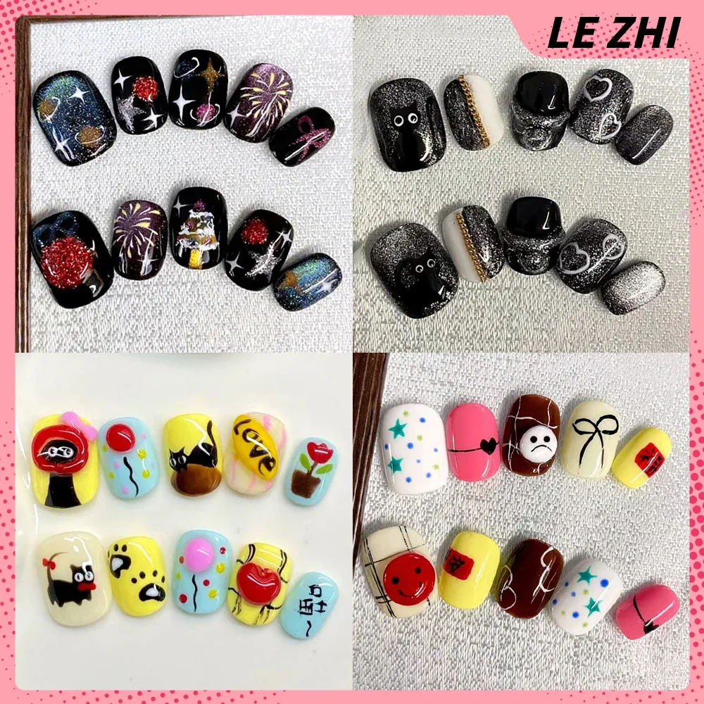 

10Pcs Short Square Round Handmade Full Cover Nails Shiny Color Cat Eyes Planet Flowers Diamond Design Wearable Fake Nails Girls