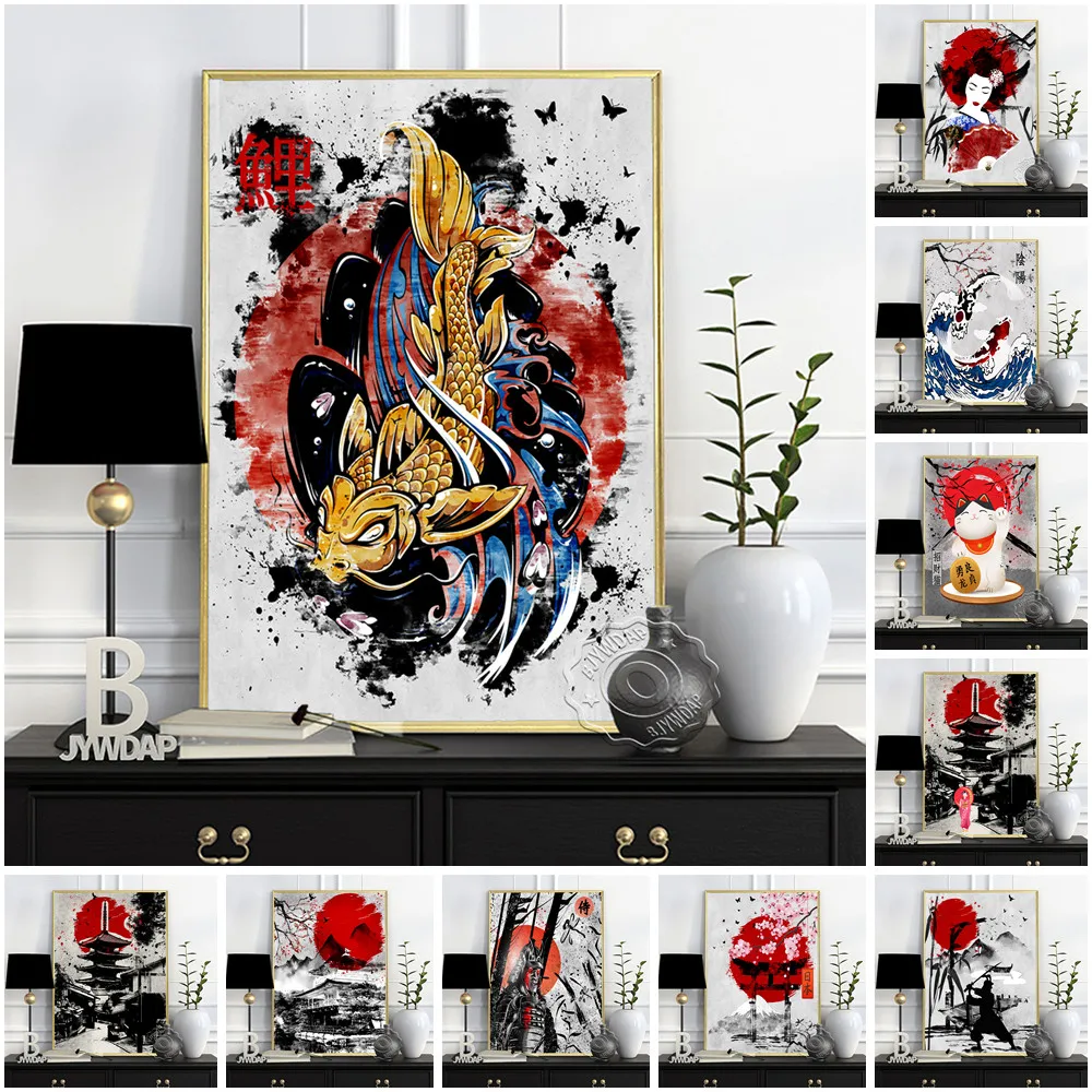 Póster impreso de arte japonés Ukiyoe, paisaje de Geisha samurái, Maneki Neko, pintura en lienzo, cuadro decorativo para pared