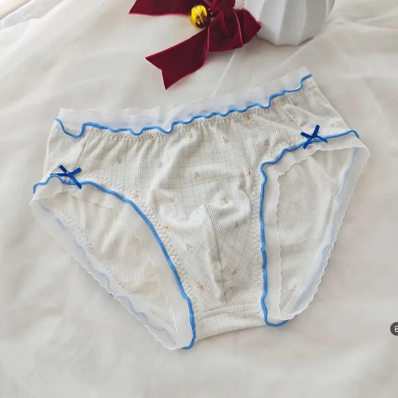 Men's Low-rise Cotton Briefs Cross-dressing Sweet Floral Print Ruffled Lace Bow Cute Soft Breathable Convex Pouch Panties