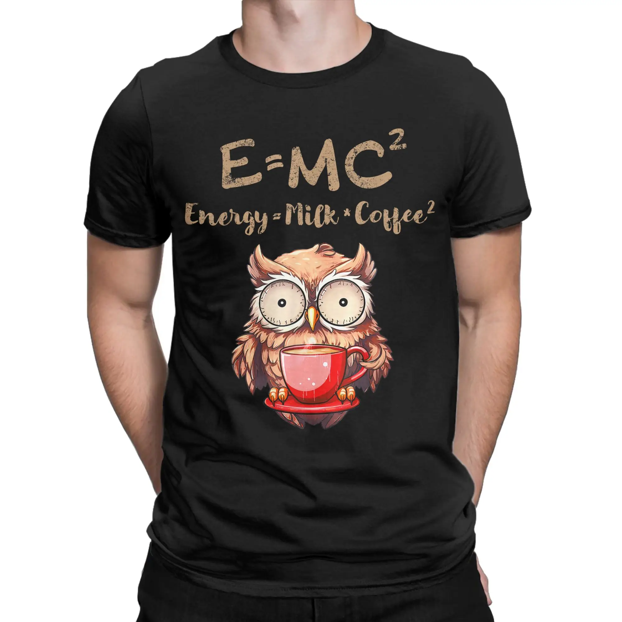 Camisetas masculinas e femininas, café, energia, e=mc2, coruja, amantes, roupas de algodão, casual, manga curta, gola redonda, camiseta plus size