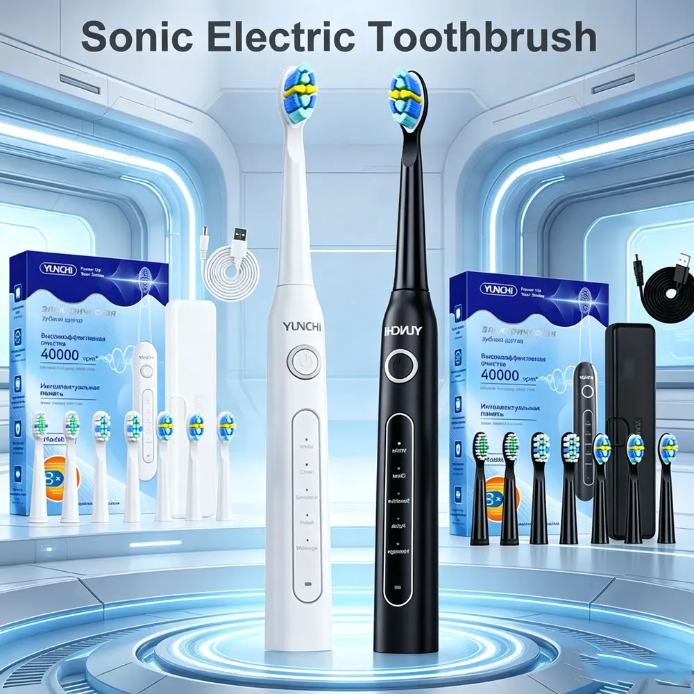 Yunchi Sonic Elektrische Zahnbürste YC-Y5 Set USB-Ladezahnbürstenetui für Erwachsene mit Zahnbürstenköpfen, 5 Modi, Smart Time-Funktion und Ersatzköpfen