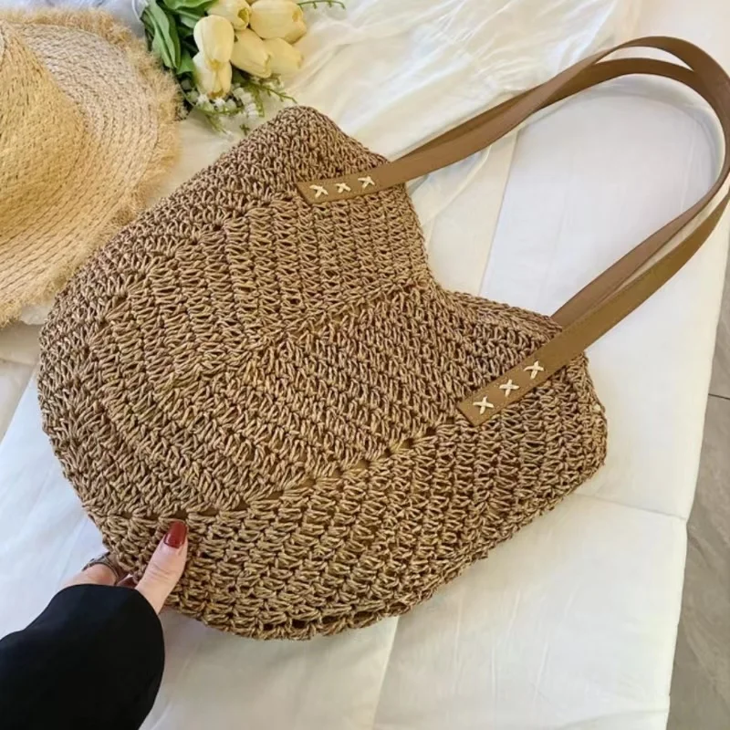 Women's Hit Fashion Beach Travel Straw Knitting Tote Bag Large Capacity New Designer Square Handbag Casual Portable Shoulder Bag