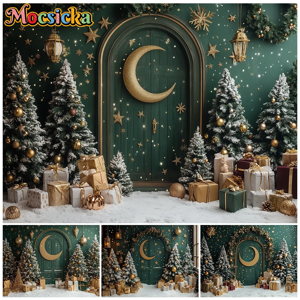 Mocsicka Dark Green Christmas Photography Backdrop Golden Moon Star Xmas Tree Snow Family Holiday Portrait Photobooth Background