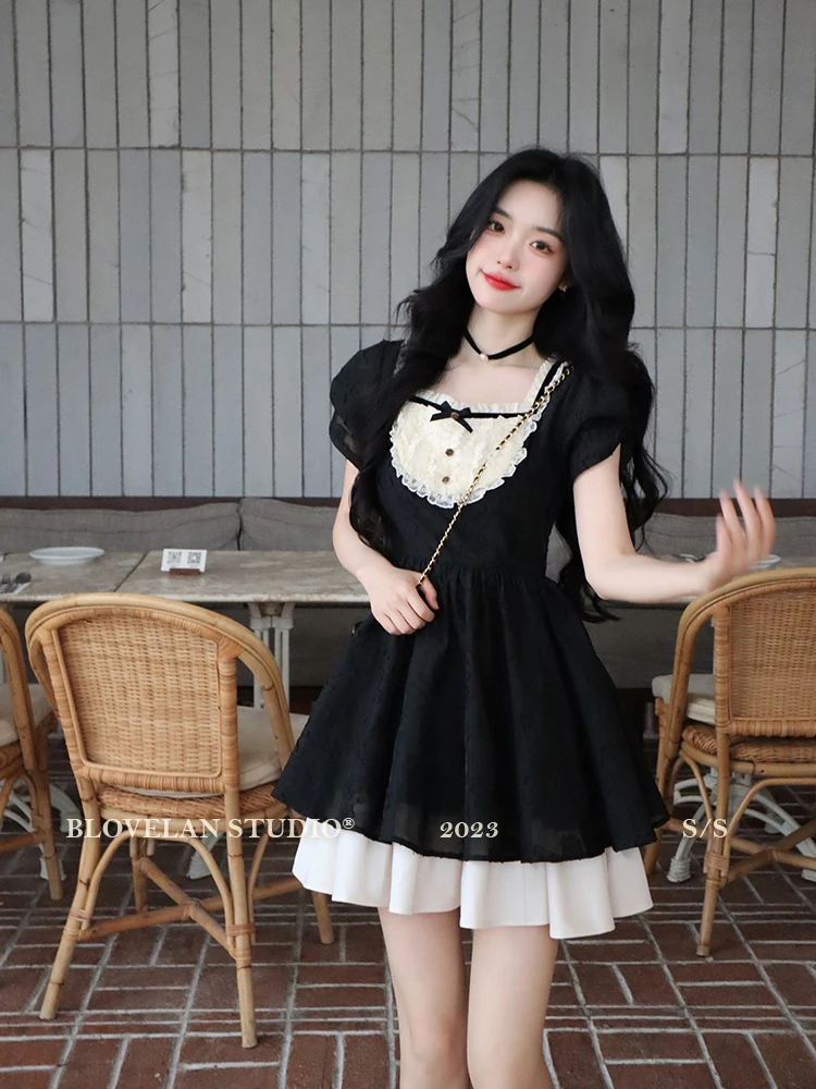 

Coigarsam Women's Dress Summer New Office Lady French Style Solid High Waist Square Collar Black Dresses
