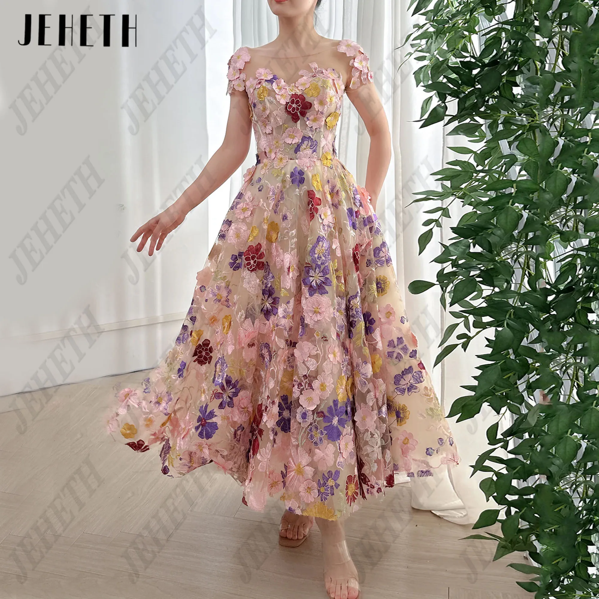 

JEHETH Embroidery Lace Prom Dress 3D Flowers Cap Sleeves Wedding Party Gowns For Women Luxury A-Line Vestidos De Gala Bespoke