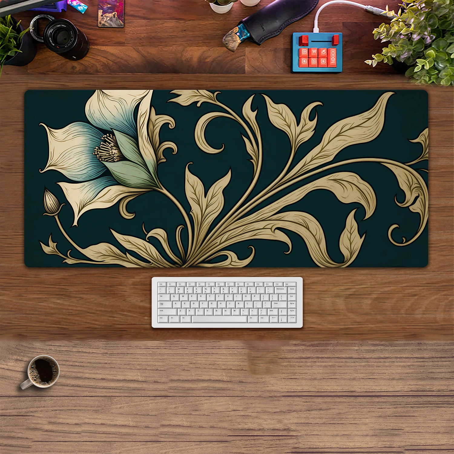 Retro flower desk mat, floral mouse pad extra large, green plant desk mat, gothic aesthetic computer laptop gaming desk mat