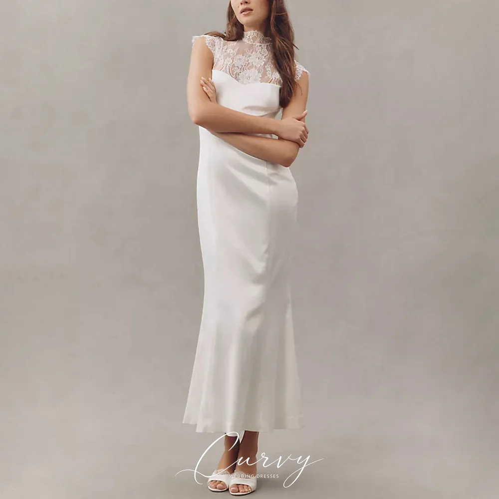 Curvy Soft Romantic Bridal 2026 New Arrival Lace High Neck Cap Sleeve Midi Mermaid Wedding Dresses for Women Wedding Party