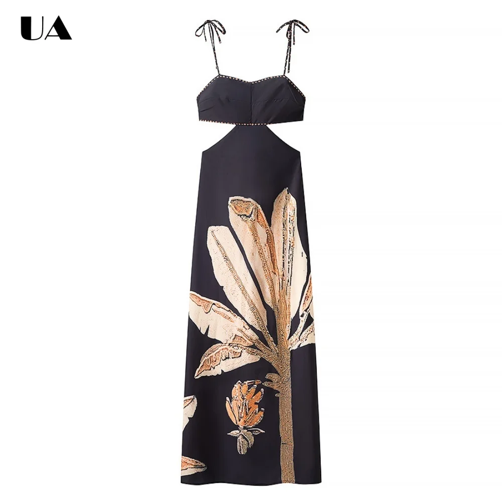 

Trendy Printed V-neck Tied Bow Maxi Dress with Lace-up Spaghetti Strap, Sexy Backless Long Dress, Fashionable Sleeveless Dress