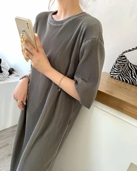 Loose solid color round neck dress female 2023 Korean version mid-length bottoming skirt lazy T-shirt long skirt tongqin