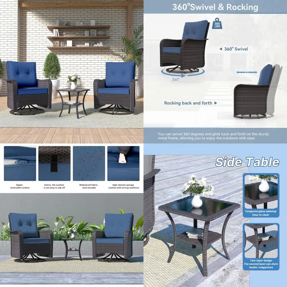 

Outdoor Patio Furniture Set with Swivel Gliders, Wicker Bistro Set, and Rattan Rocking Chair Including Tempered Glass Table