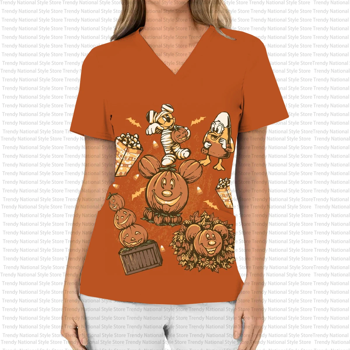 صيف جديد المرأة العمل موحدة هالوين مضحك ميكي ماوس طباعة موحدة الخامس الرقبة جيب فرك الأعلى مختبر المستشفى تي شيرت