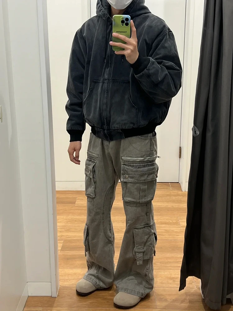 

American Functional Retro Washed Multi-Pocket Grey Men's Straight Leg Bell Bottom Slim Fit Personality Jeans Youth Trend
