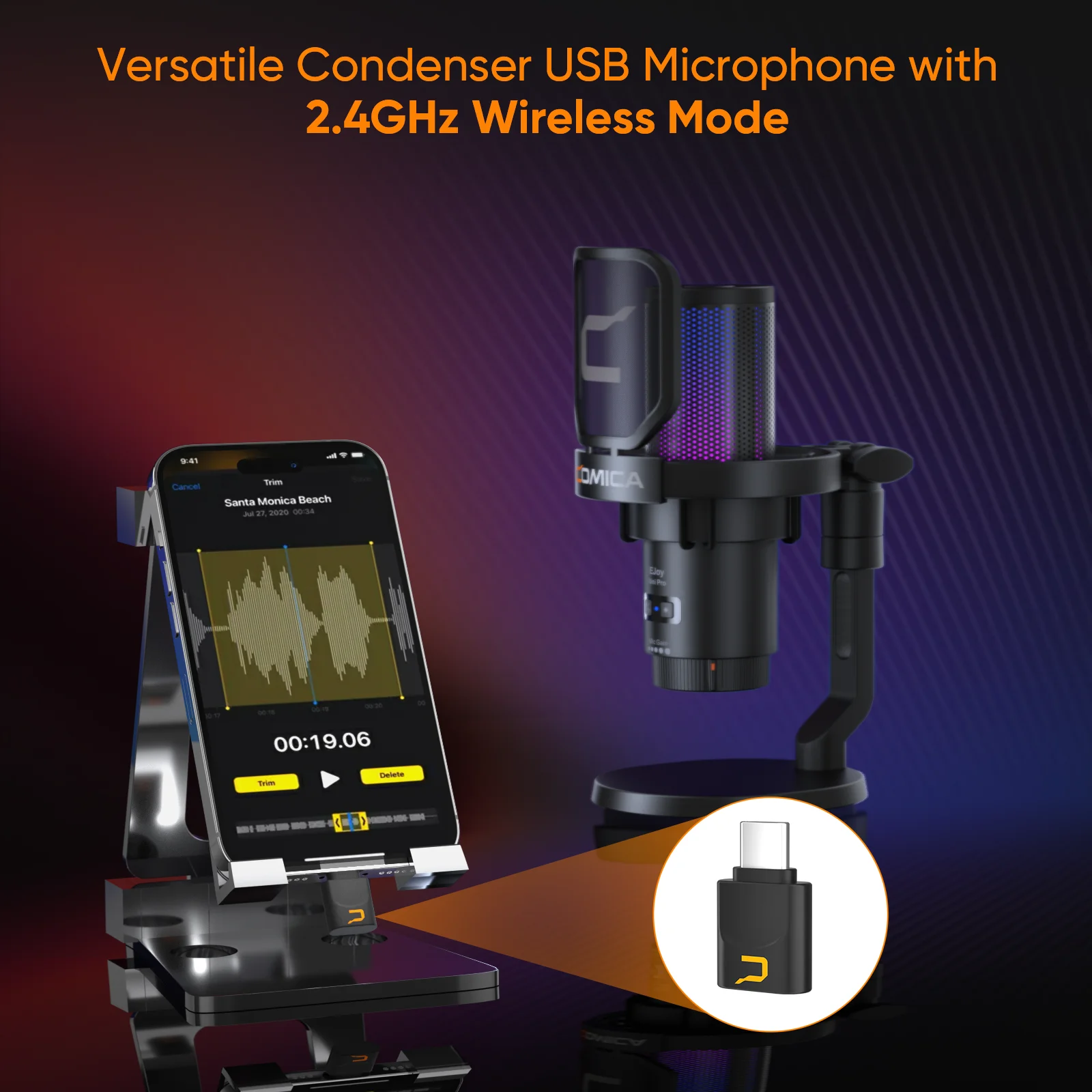 Comica Uni Pro Wireless USB Gaming Microphone for PC Laptop Smartphone Noise Cancellation Condenser Mic with RGB Lights