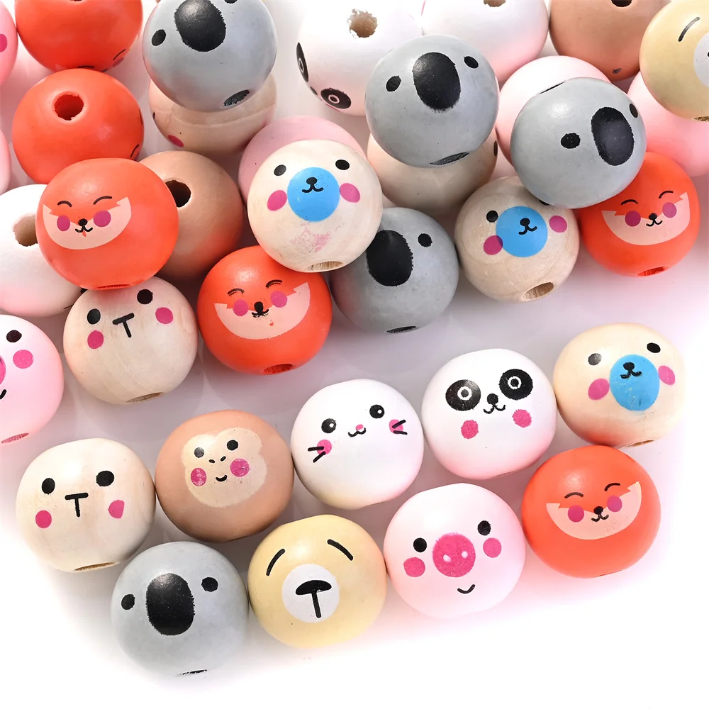 10pcs 20mm Cat Dog Wooden Beads Printed Cartoon Animal Head Round Large Hole Natural Wood Beads for Garlands Pens Crafts Jewelry