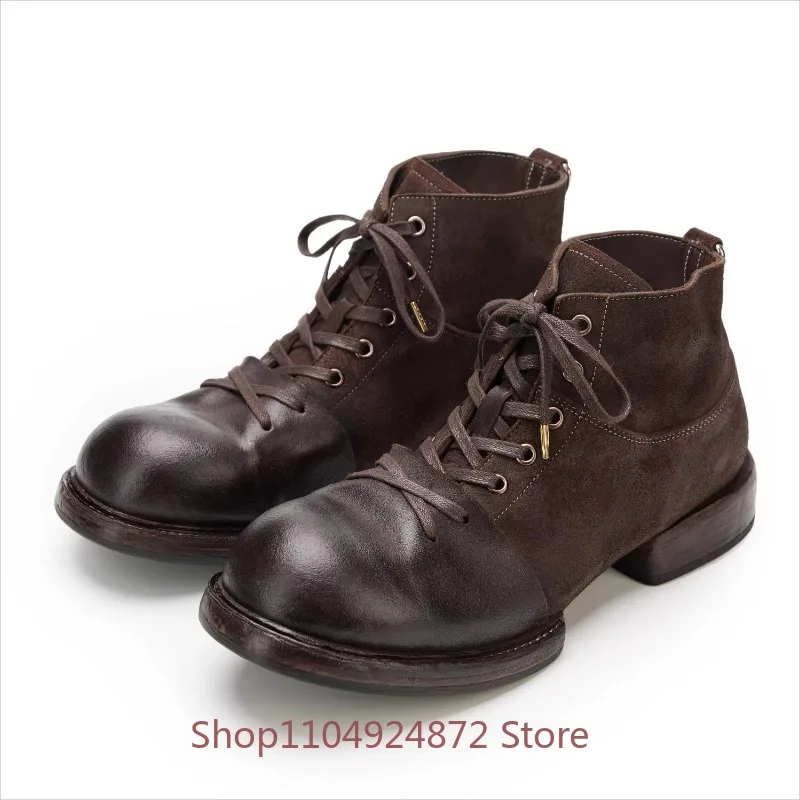 

British Retro Cowhide Handmade Round Toe High Top Riding Work Boots Men's Shoes Genuine Leather Casual Motorcycle Ankle Boots