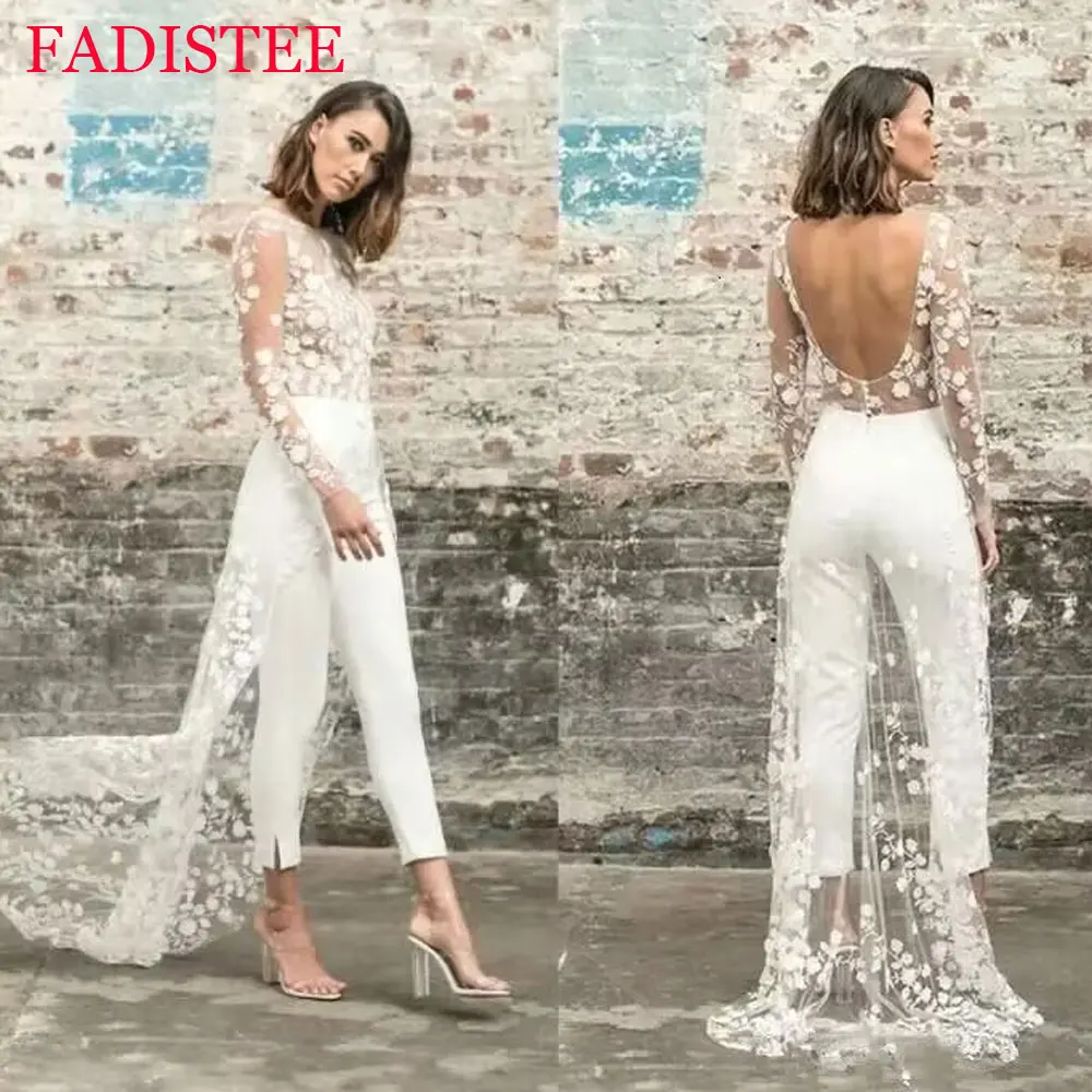 Customized Open Back Wedding Pant Suits For Women Long Sleeves Wedding Jumpsuits For Brides Lace O-neck Sweep Train Bridal Gown