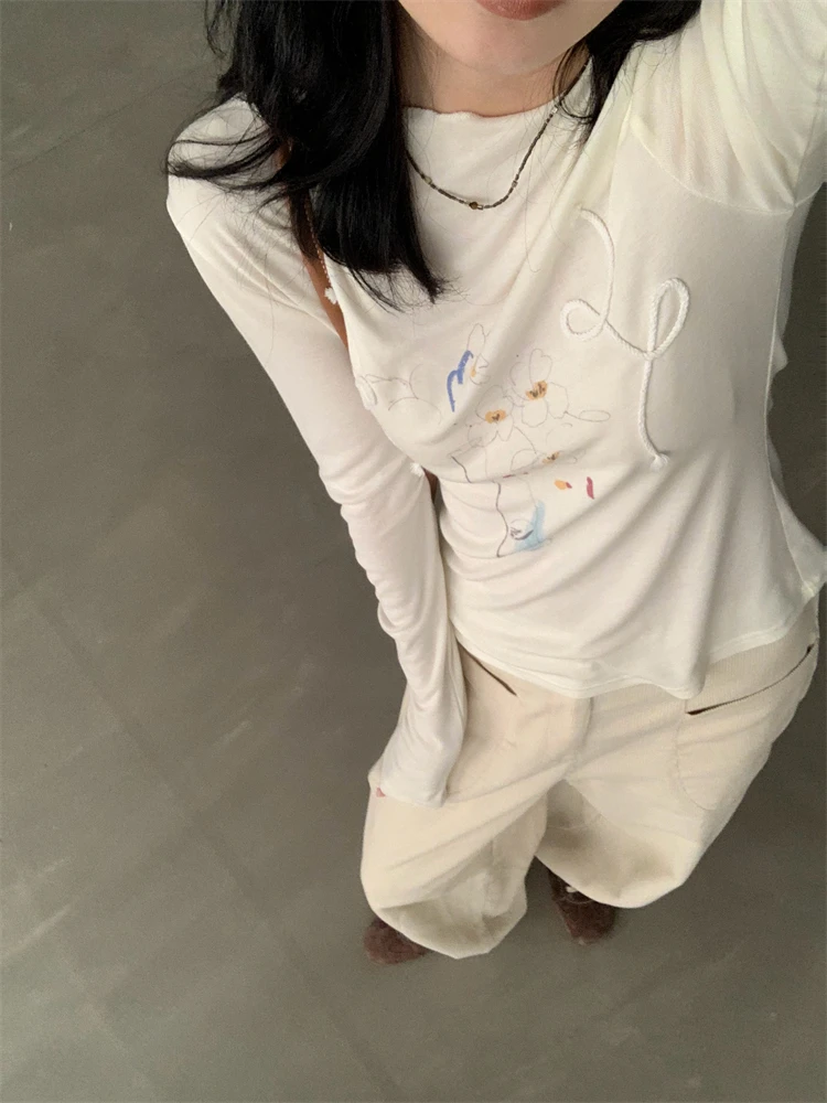 

Hand Embroidered Long Sve Printed T-irt round Ne Casual Sle Women's Loose Fit Wool Blend Fabric Autumn Wear