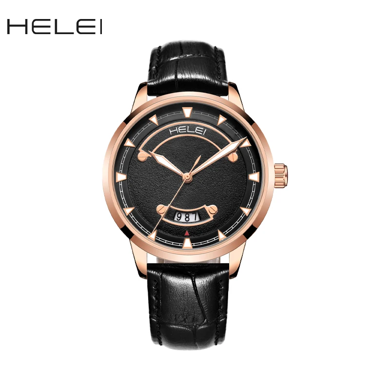 

HELEI Fashion new sports casual quartz watch date luminous genuine leather strap men's wristwatch