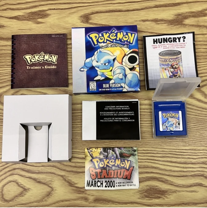 

Pokemon Blue GBC Game in Box for 16 Bit Video Game Cartridge Trainers Guide with Manuals High Quality Shell Fan Made