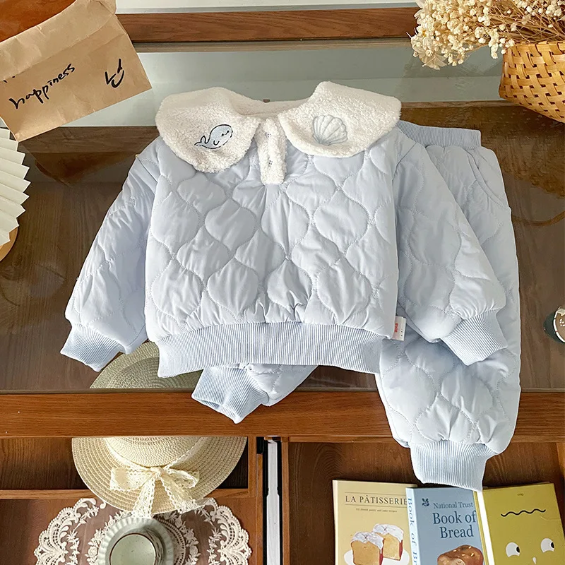 子供用ベルベット厚手セット-2025秋冬新作-女の子用ベルベット厚手暖かいトップス-パンツツーピースセット