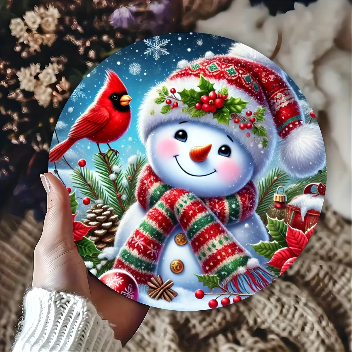 لافتة معدنية لرجل الثلج والكاردينال الاحتفالي - ديكور حديدي مطبوع مع مشهد العطلة لجدار المنزل والحديقة والمزيد لديكور الغرفة