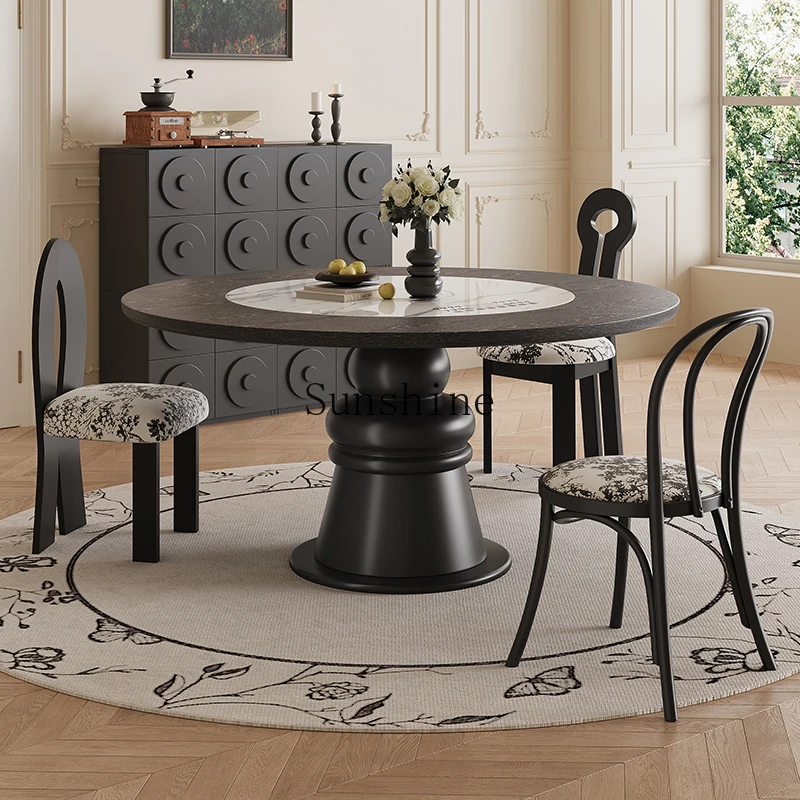 

Solid wood large round dining table with induction cooker electric turntable table