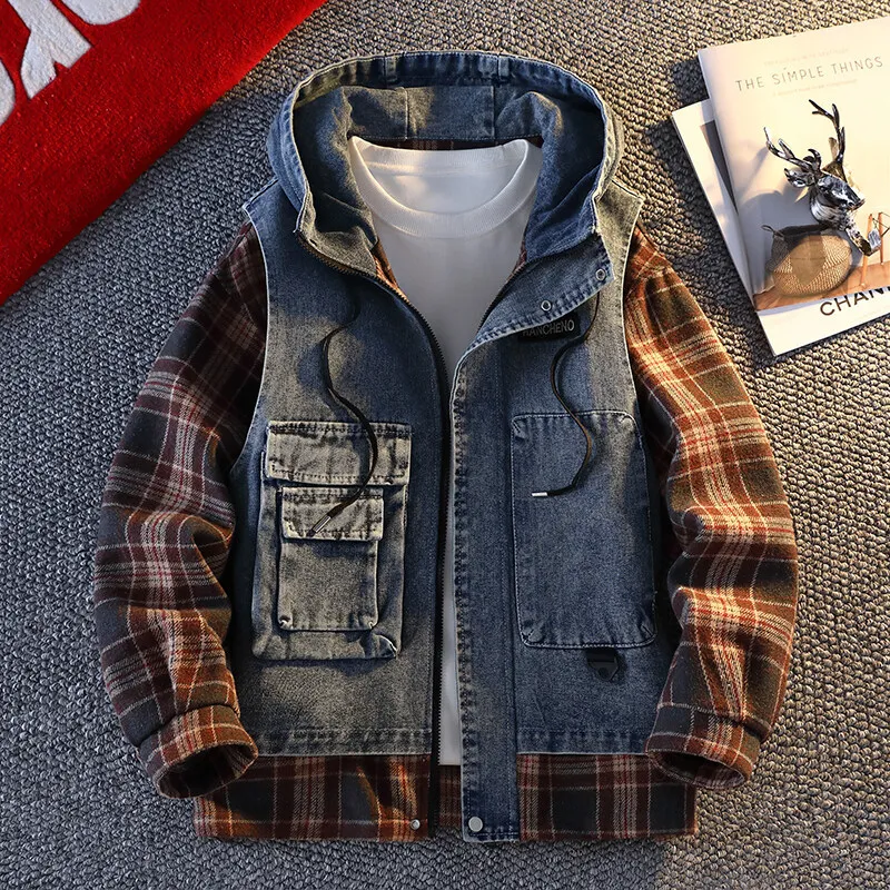 

Men's Faionable Hooded Denim Jaet Six Millimeters Spring New Sle Fake Two-Piece Outerwear Thiened Long Sve Coat