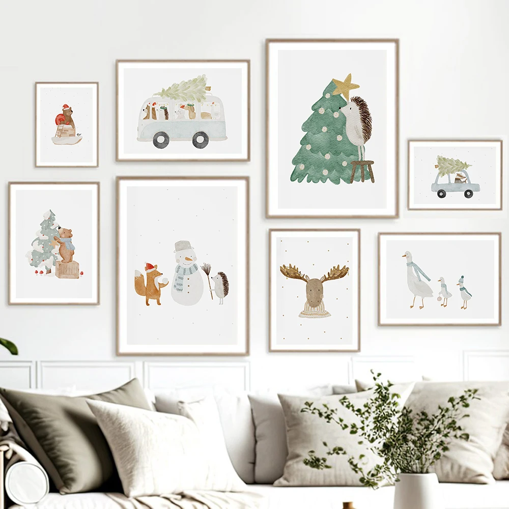 

Funny Animals Bear Deer Goose Car Posters Christmas Tree Prints Wall Art Canvas Snowman Pictures for Baby Kids Room Home Decor