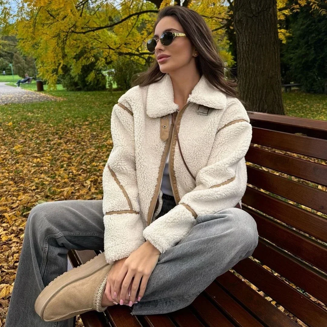 Suninheart moda zimowa ciepła kurtka z wełny jagnięcej damskie kurtki z długim rękawem i zamkiem błyskawicznym płaszcz damski jesienny płaszcz z klapami na co dzień