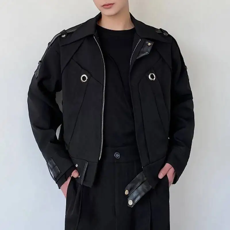 

Fashion Men Short Jacket Solid Color Zipper Lapel Long Sleeve Patchwork Workwear Jackets Streetwear Casual Outerwear Coats