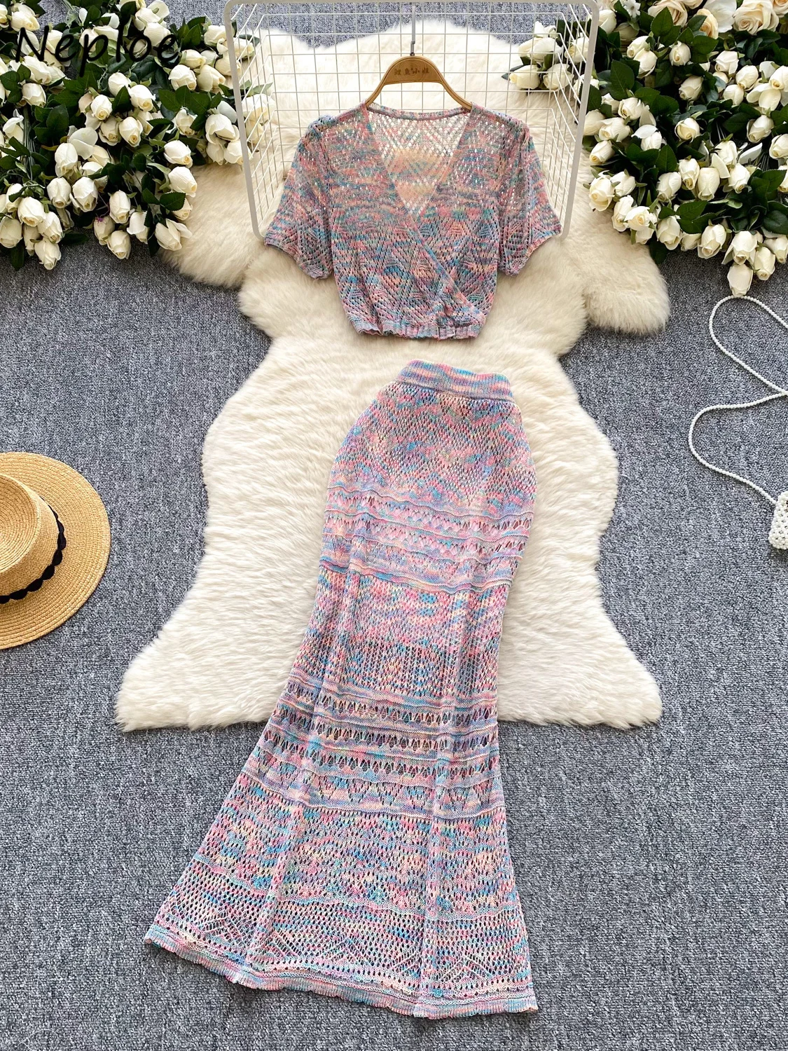 

Neploe Summer Rainbow Cross Suit Tops High Waist Slim Mermaid Bodycon Skirts Sweet Knit Age Reduction Set Casual Mujer Faldas