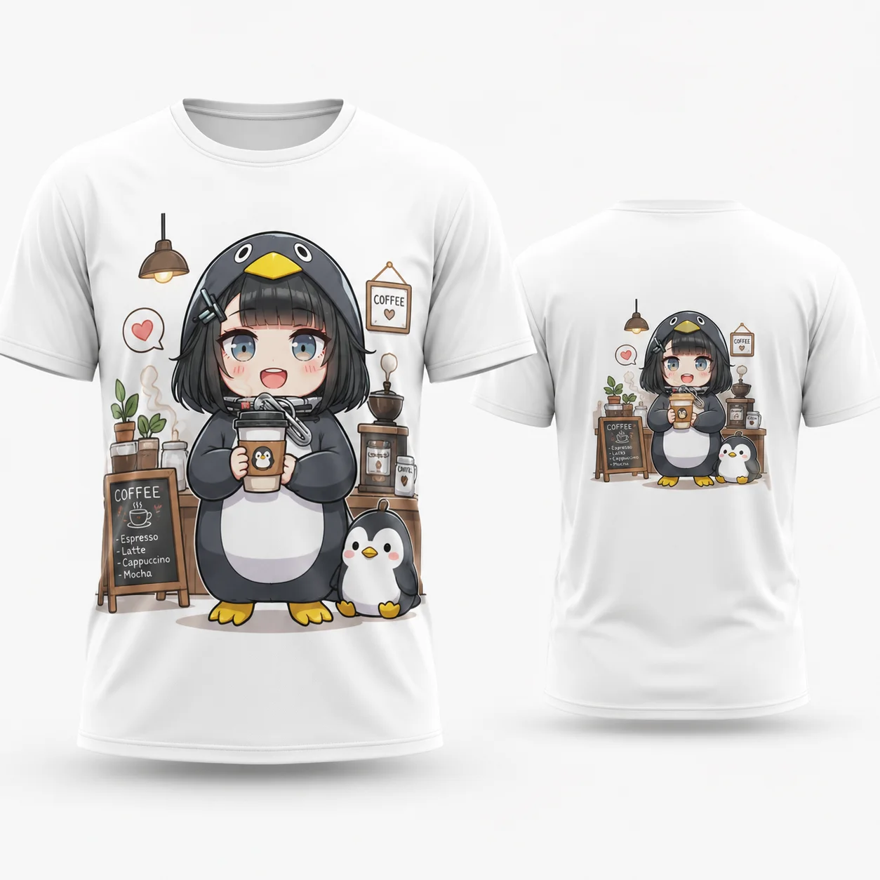 Goo goo gaga Cute Penguin Coffee T Shirt Kawaii Chibi Anime Girl Cafe Cup 3D Print Quick Dry Breathable Summer Casual Unisex Top
