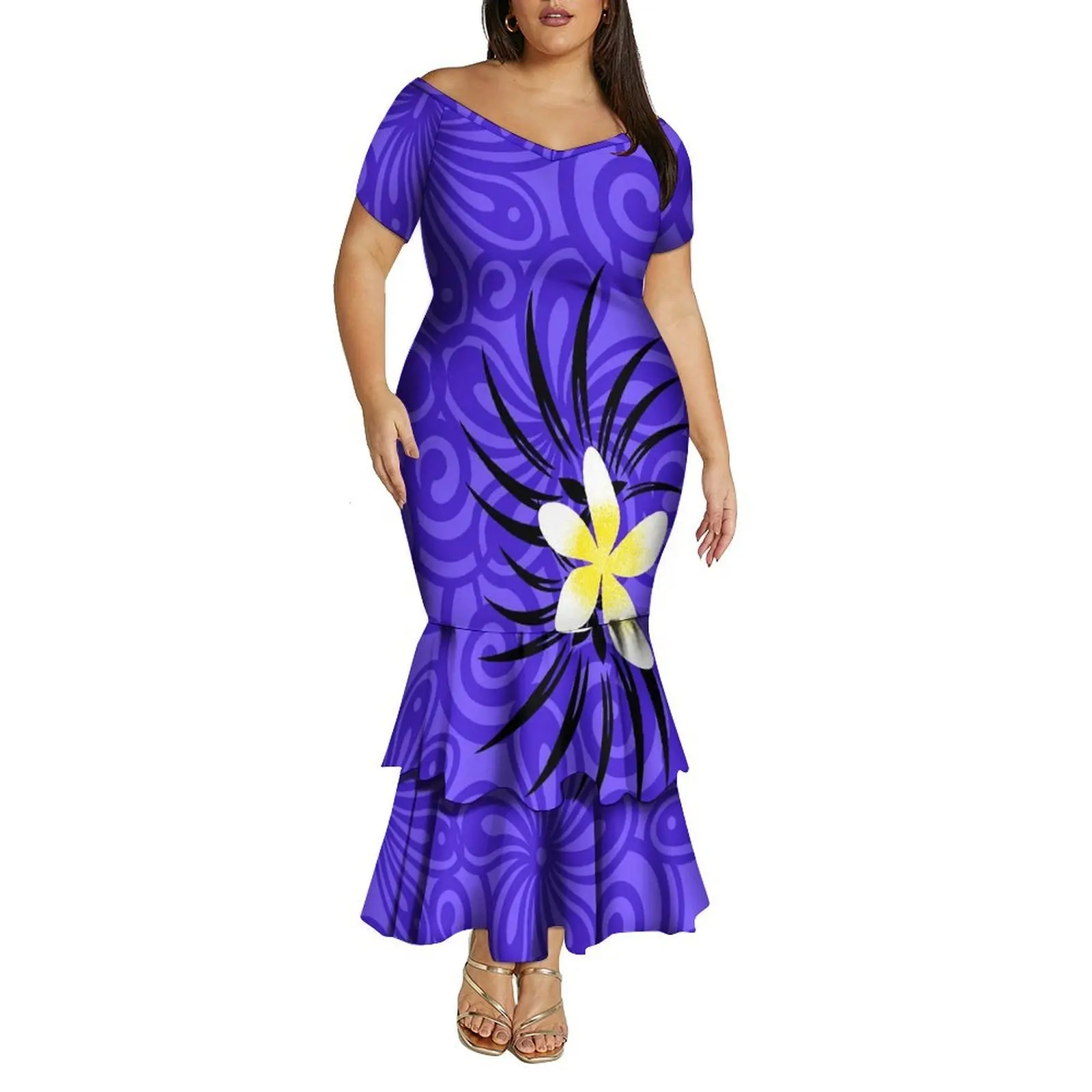 

Polynesian Short-Sleeved Tight-Fitting Women'S Dress With Fish Tail Design High Quality Deep Neckline Elegant Style