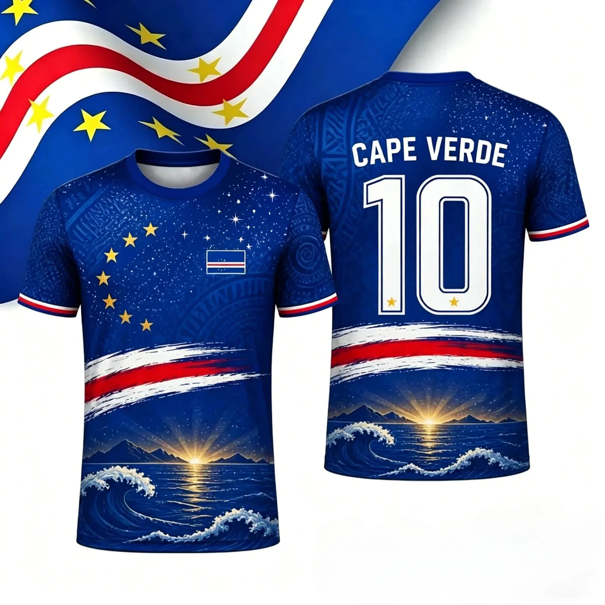 Cape Verde football jersey, 3D tropical print, suitable for both children and adults, perfect for training, fitness and running.