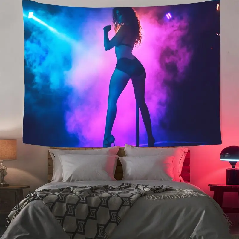 VIKAMA Neon Silhouette Dancer Tapestry Blue Pink Smoke Pole Dancing Wall Hanging Exotic Indie Bedroom Room Art Decor Poster