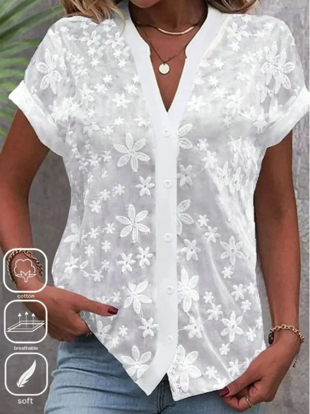 Cropped Shirt White Lace Blouse Eyelet Cut Embroidery Top Wear Hollow Out Women\'s Summer Clothing