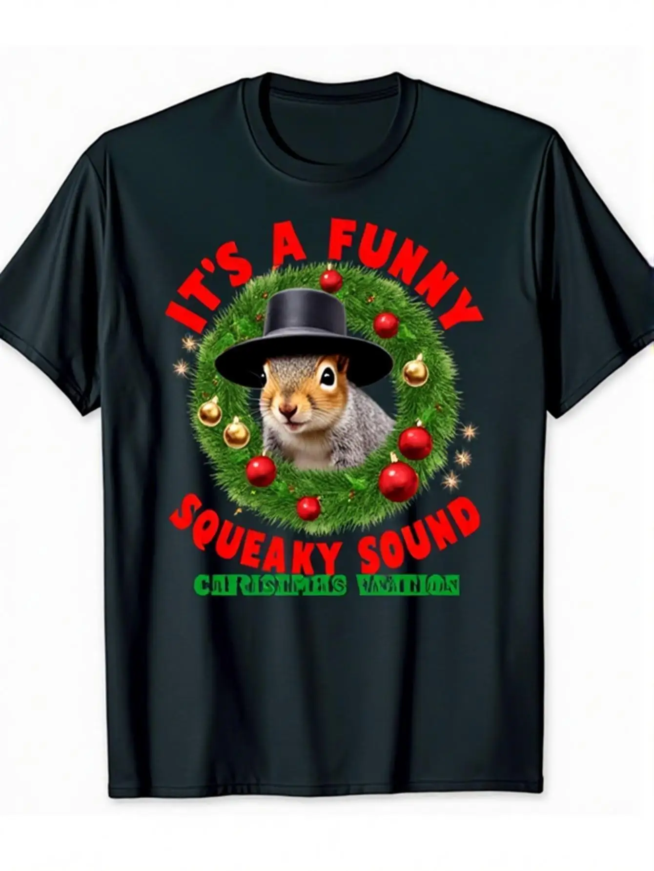Humorous Squeaky Sound T-Shirt from National Lampoon'S Christmas Vacation - Made of , Featuring a Crew Neck, Short Sleeves, And a Regular Fit, Suitable for All Seasons It Showcases a Festive Design with a Squirrel And Holly