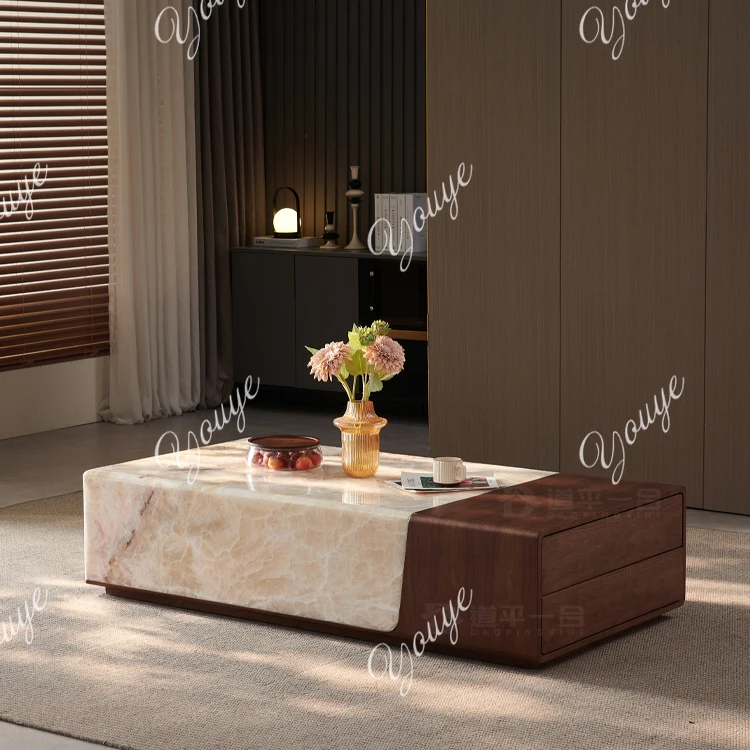 Natuurlijke marmeren lichtgevende salontafel, lichte luxe high-end grote design salontafel in de woonkamer met vlakke vloer